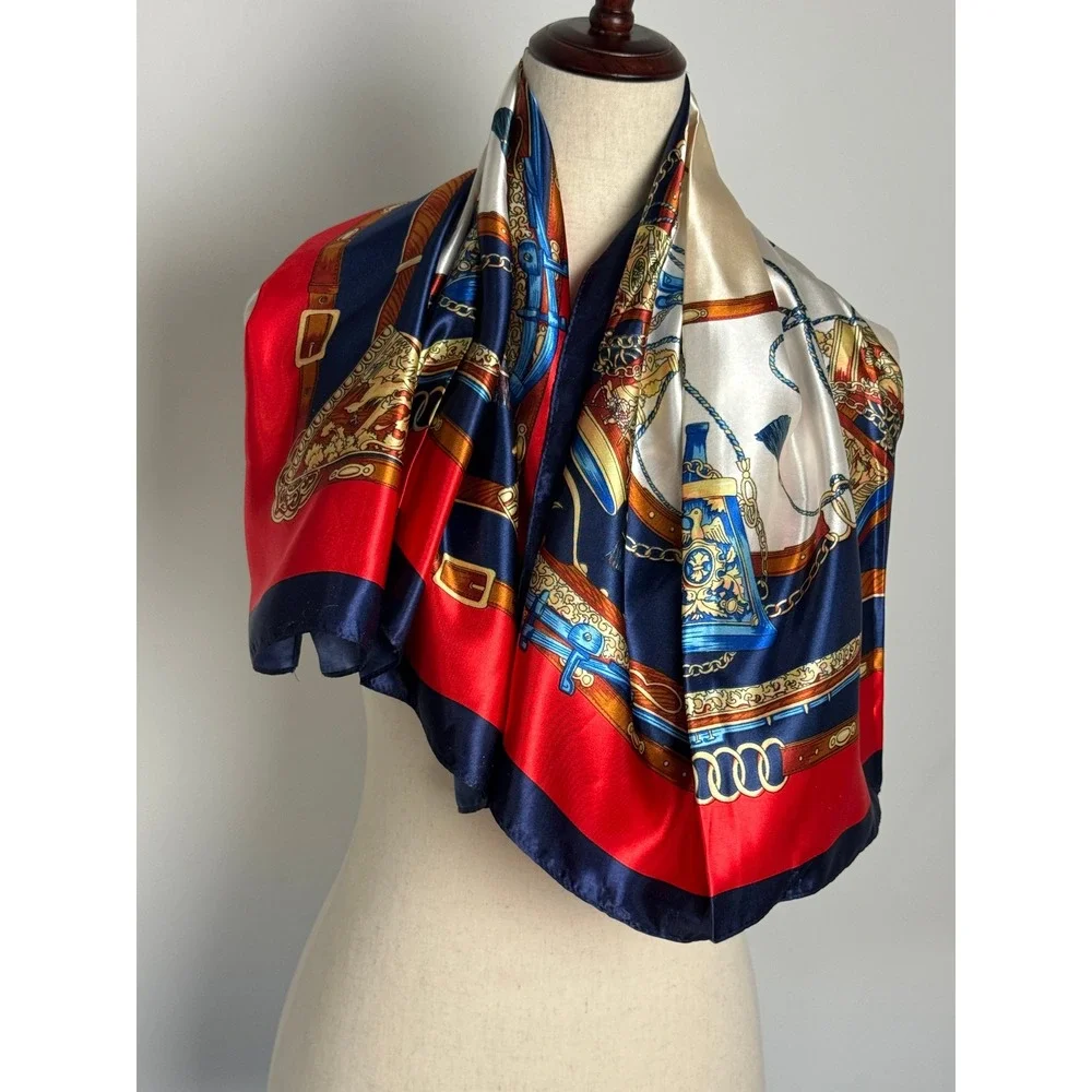 Equestrian Belt Chain Print‎ Square Scarf Navy Blue Red Silk Feeling Polyester